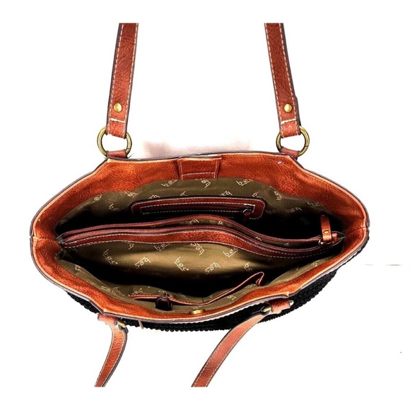 🍓B.O.C. Barn Concepts Shoulder Bag Purse, Tan Leather with Black Weave - Picture 3 of 7